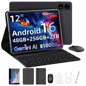 TABWEE T60 AI Tablet Android 16, 12" FHD IPS Display, 48GB RAM 256GB ROM, Expandable to 2TB, Gemini AI, Octa-Core T7280, 16MP Camera, 10000mAh Battery, 2-in-1 with Keyboard, Mouse & Stylus