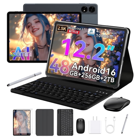 AI Tablet 2026 Android 16, 12" FHD IPS Display, 24GB RAM, 256GB ROM Expandable to 2TB, Gemini AI, Octa-Core T7280, 16MP Camera, 1000mAh Battery, Widevine L1, 2-in-1 with Keyboard, Mouse & Stylus