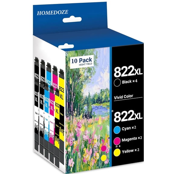 Latest Chip Compatible Ink Cartridges Replacement for Epson 822XL 822 XL Ink Cartridges Combo Pack High Capacity Ink Works with Workforce Pro WF-3820, WF-3823, WF-4820, WF-4830, WF-4833, WF-4834 (10