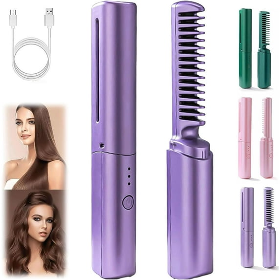 Latest Hairdressing Comb, Ceramic Hair Dressing Comb, Rechargeable Portable Hair Straightener Brush Hair Straightener Combs for All Hair (Purple)