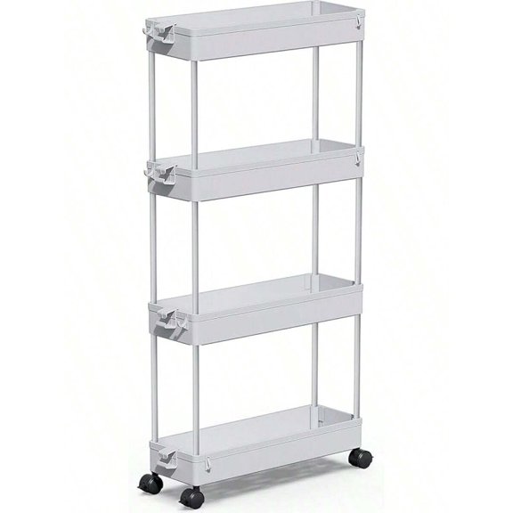 The Latest Model In 2025 Slim Rolling Storage Cart 4 Tier Bathroom Organizer Mobile Shelving Unit Utility Cart Tower Rack For Kitchen Laundry Narrow Places, White