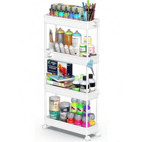 The Latest Model In 2025 Slim Rolling Storage Cart 4 Tier Bathroom Organizer Mobile Shelving Unit Utility Cart Tower Rack For Kitchen Laundry Narrow Places, White