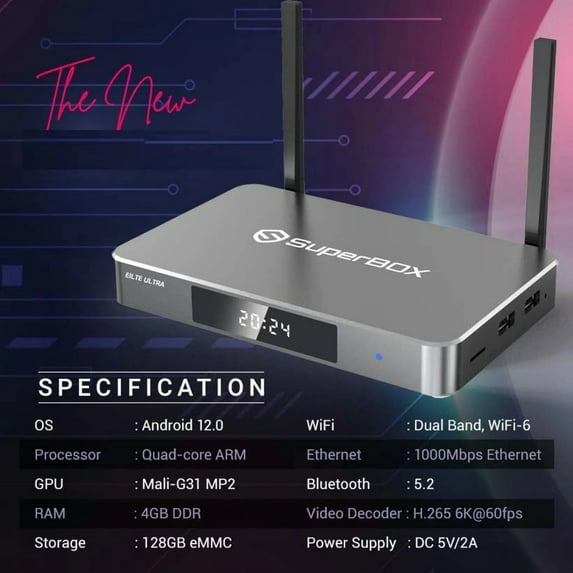 Latest S6 Ultra Super Box 2025 Fully Loaded, Built-in Voice Control System, 4G RAM+128G ROM Superbox with Time Shift, Premium 6K, Easy Setup Guide 1000M Ethernet Port Super Box with Voice Remote