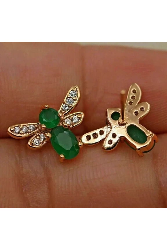 Latest Shop Now 2CT Oval Cut Lab-Created Green Emerald Gemstone Bee Shape Stud Earrings 14K Yellow Gold Plated 925 Silver