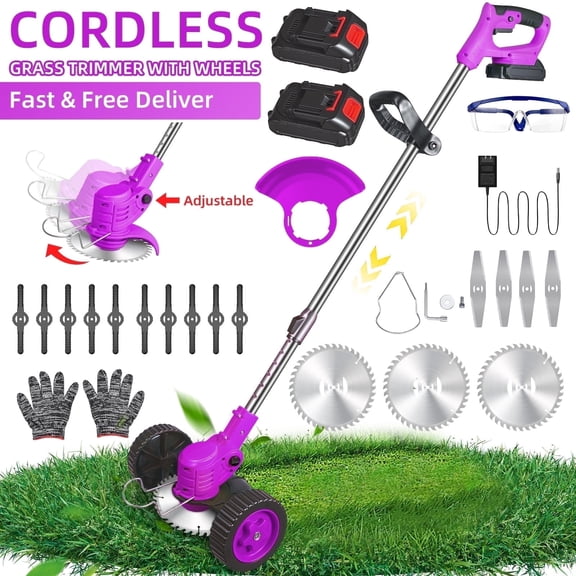 The Latest Small Portable Cordless Electric Lawn Mower/Lawn Cutter with 2 High-Capacity Lithium Batteries And 3 Types of Blades, Many Gifts, Multi-Function Weed Cutter for Yard and Garden(Purple)