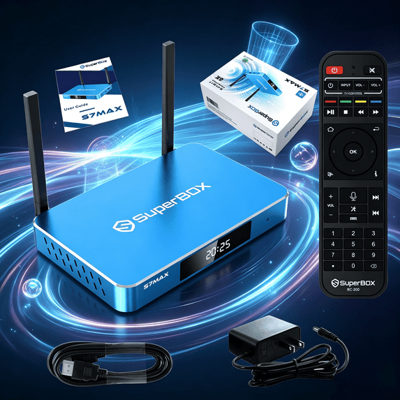 Latest Super Box S7MAX Fully Loaded,4G+64G Powerful Smart Box,7-Days Time Shift, Parental Control Time,with Voice Remote Control,Perfect for Family