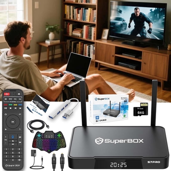 Latest SuperBox S7 Pro 2025 Fully Loaded, 4GB RAM+32GB ROM for Family Entertainment, 7-day Time Shif & Parental Controls, Poweful Media TV Box with Android 12, Wifi 6, 6K