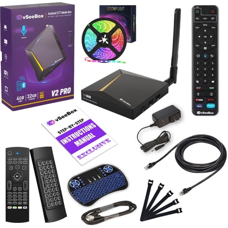 Latest vSeeBox V2 Pro Easy Setup with Built-in Voice Control | Includes LED Light, Cable Ties, Ethernet Cable, Keyboard Air Mouse, Mini Keyboard | 2025 Model | Android 10 | 4GB RAM | 32GB Storage