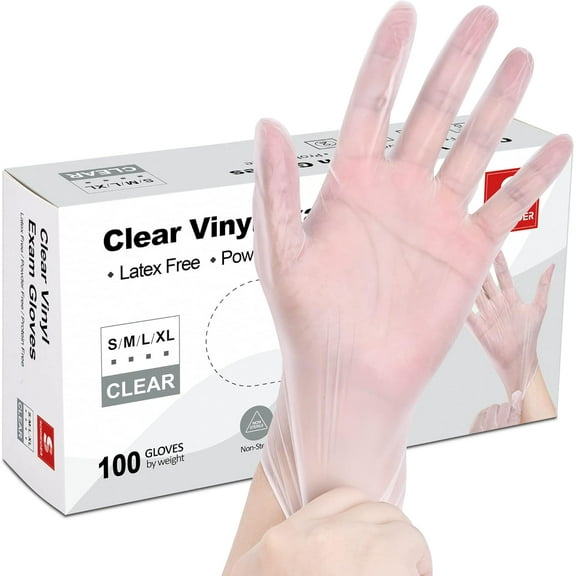 Latex-Free Vinyl Exam Gloves, 4 Mil Medical Grade & Food Safe, Disposable Gloves for Cleaning, Food Handling, Tattoo, 100 Gloves/Box (S/M/L/XL)