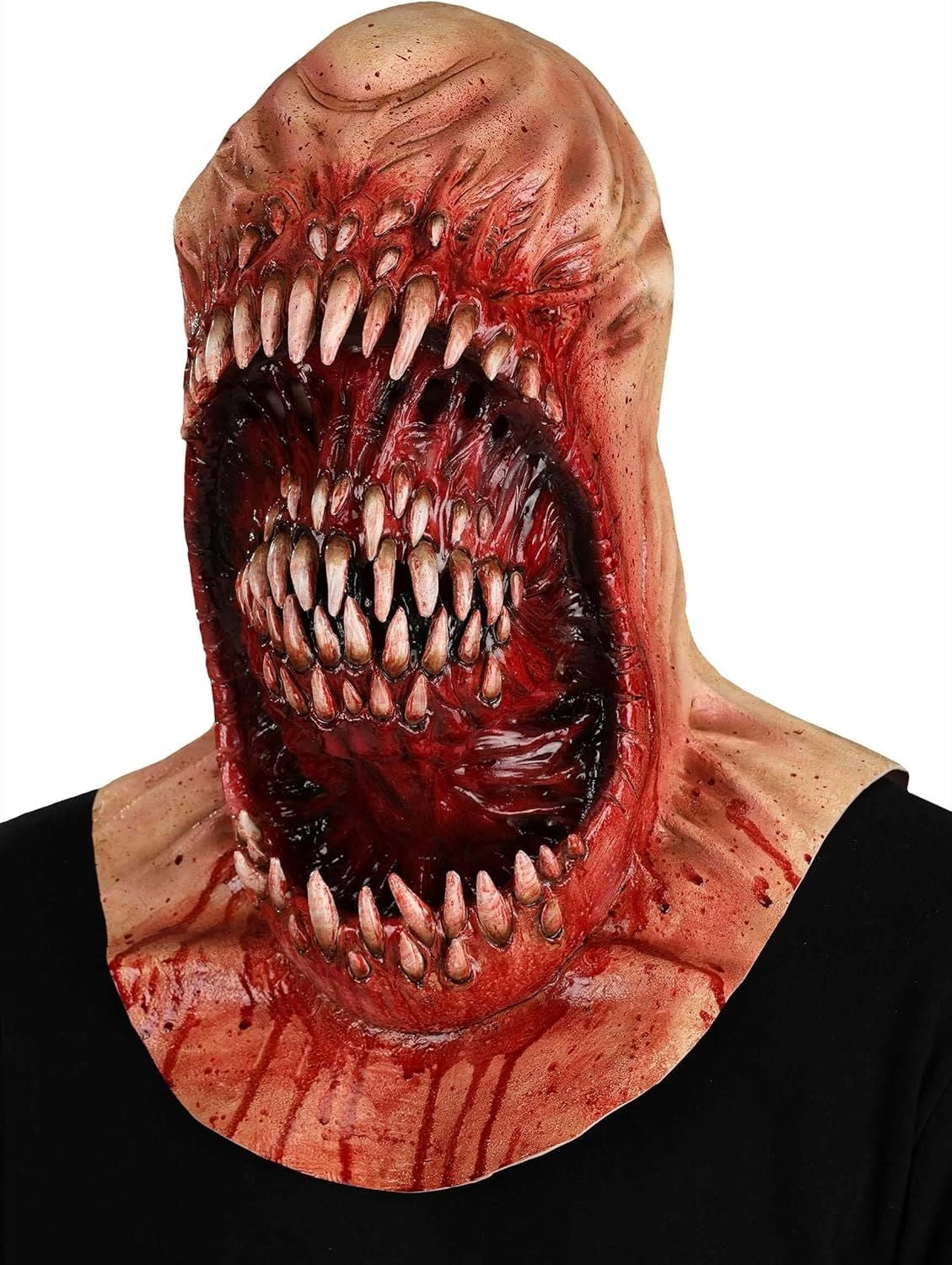 Latex Monster Halloween Mask with Two Mouths and Fangs for Cosplay Horror Parties