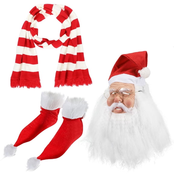 Latex Santa Claus Mask Costume Set with Striped Scarf Shoe Covers for Adult Christmas Cosplay Party