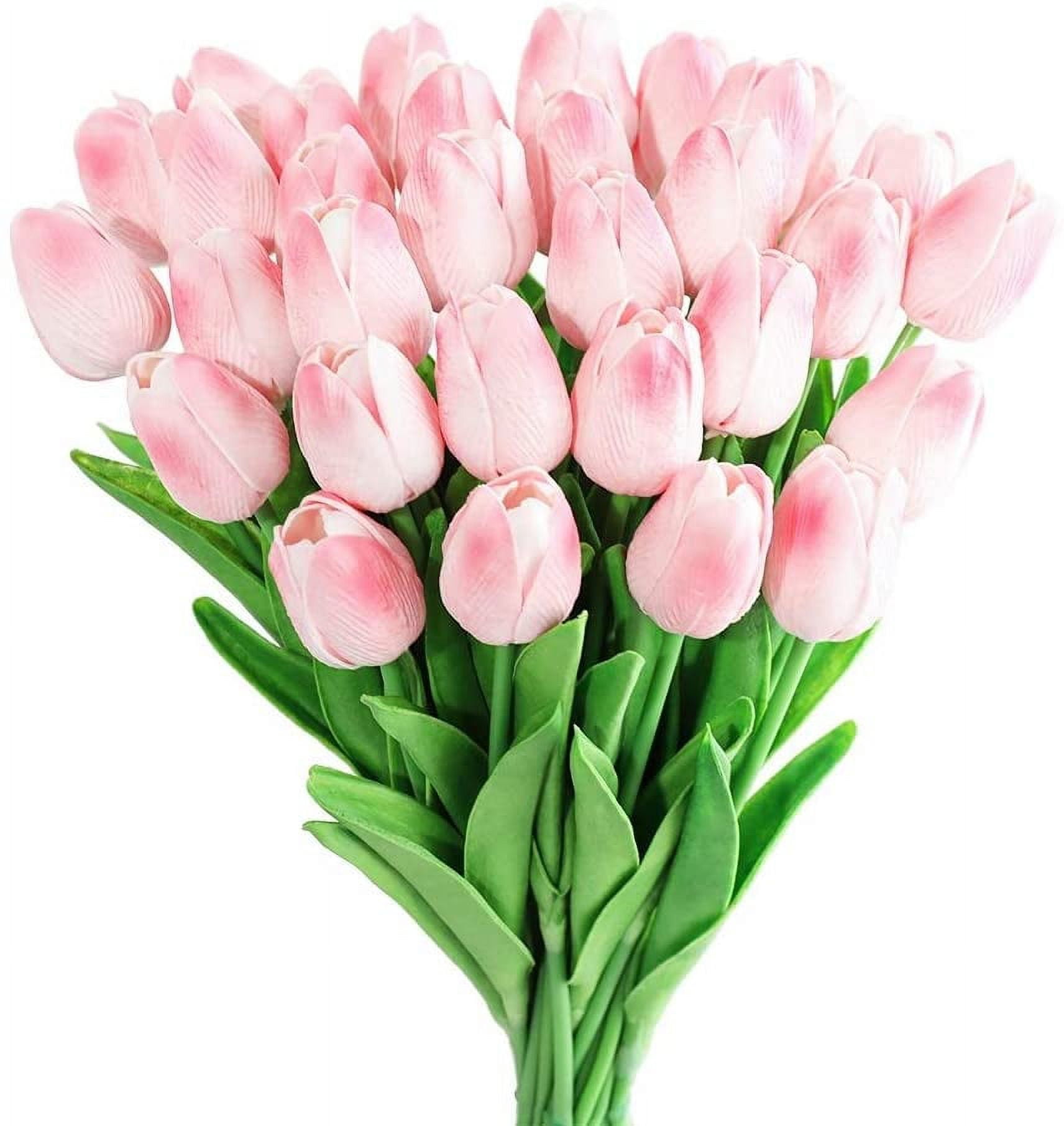 Latex Tulips Real Touch Pink Artificial Flowers Fake Tulips Arrangement Bouquet for Home Office Wedding Decor (Pink)