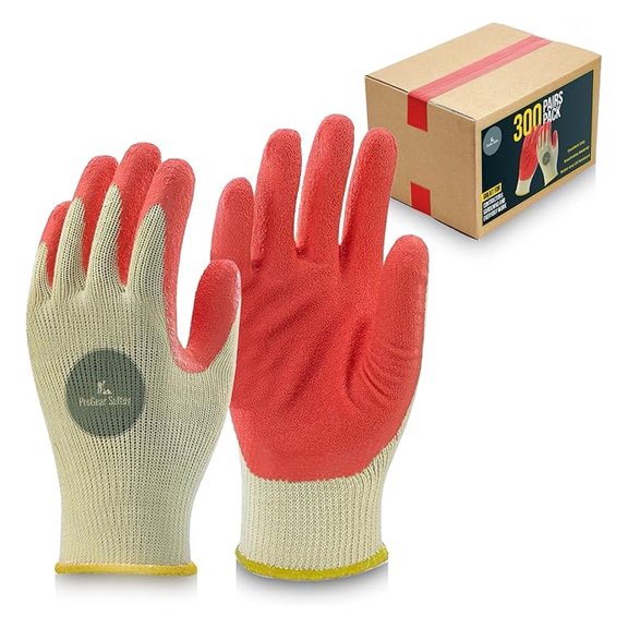 Latex Work Gloves - 300 Pair Bulk - Red Palm Cotton/Polyester Shell - Korean Made - Industrial, Cleaning, Gardening - Durable Grip
