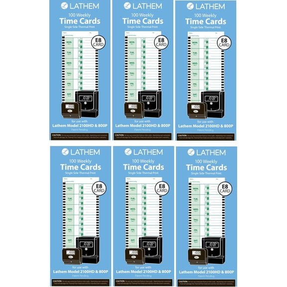 Lathem E8-100 Pack of 6 One-Sided Weekly Thermal Print Time Cards; 100 per Pack; for use with Lathem 2100HD and 800P Time Clocks; Heavy Card Stock; Crisp, Clear Registrations; Durable Performance