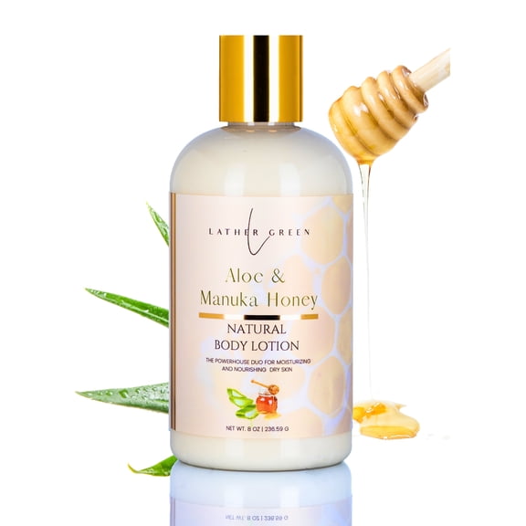 Aloe and Manuka Honey Lotion for Dry Skin Relief, Almond Coconut, All Skin Tones, 8 oz by LatherGreen