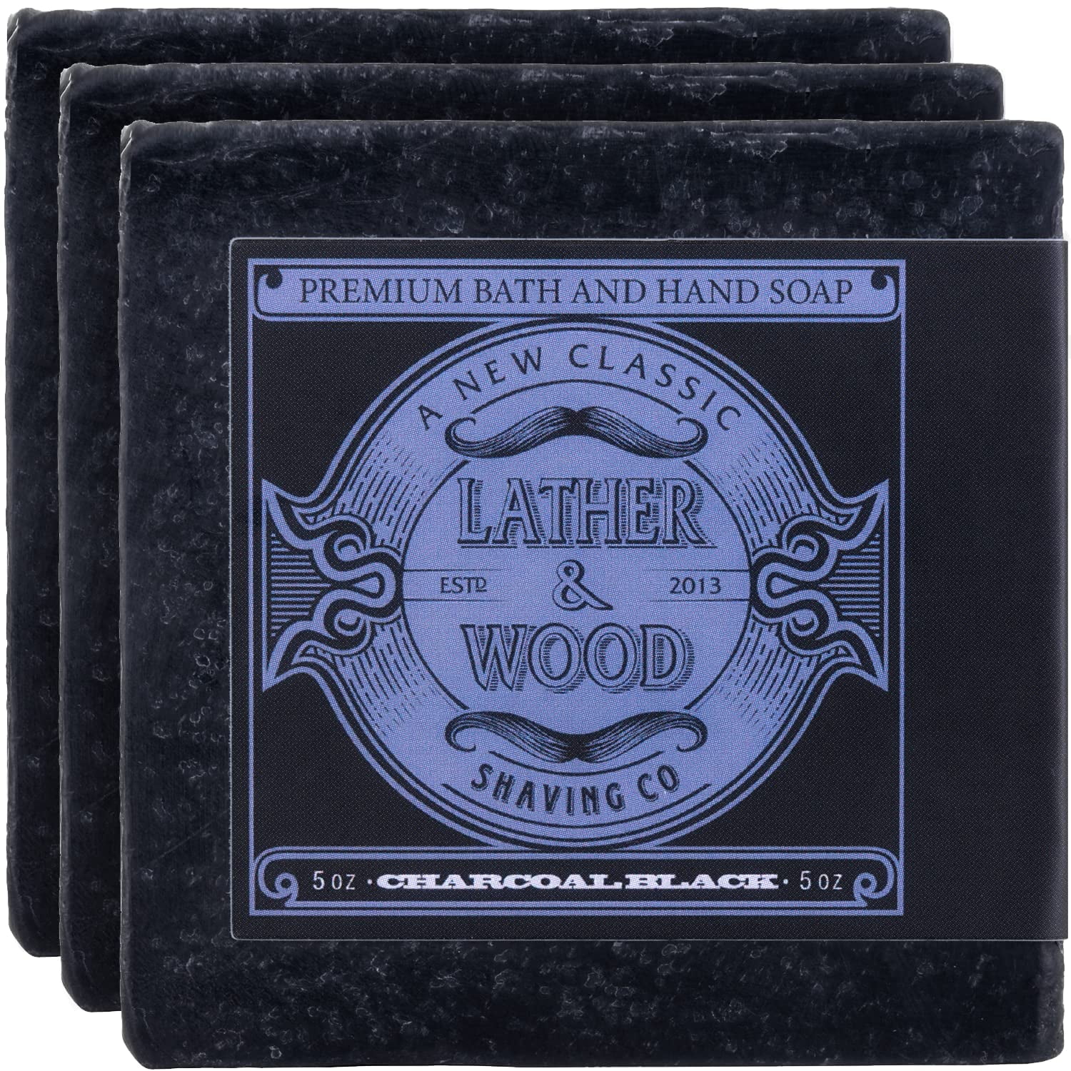 Lather & Wood Bar Soap for Men Charcoal Black (3) 5oz Man Soap Bars
