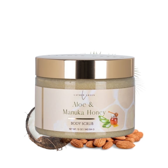 Aloe & Manuka Honey Exfoliating Body Scrub with Coconut Oil for Adults, 12 oz by LatherGreen