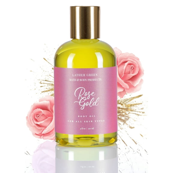 Rose Gold Body Oil for Radiant Skin, Shiny Hair & Strong Nails, Lightweight, 4 fl oz by LatherGreen