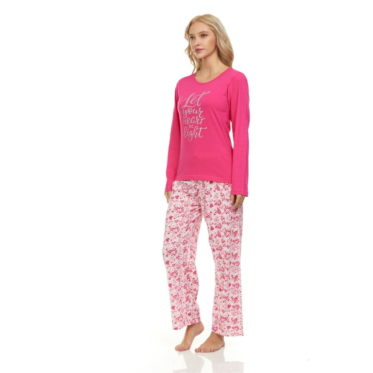 Lati Fashion 100% Cotton Women Pajamas Set Pants and Top Long Sleeve,  2-Piece Female Pajamas Set Fuchsia XL 