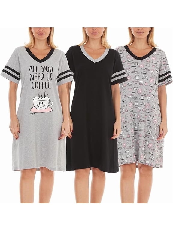 Lati Fashion 3 Pack Womens Nightgowns Soft Cotton Sleepwear Short Sleeve Nightshirts Comfy Pajama Dresses Ladies Loungewear Sleep Shirts Size S-3X