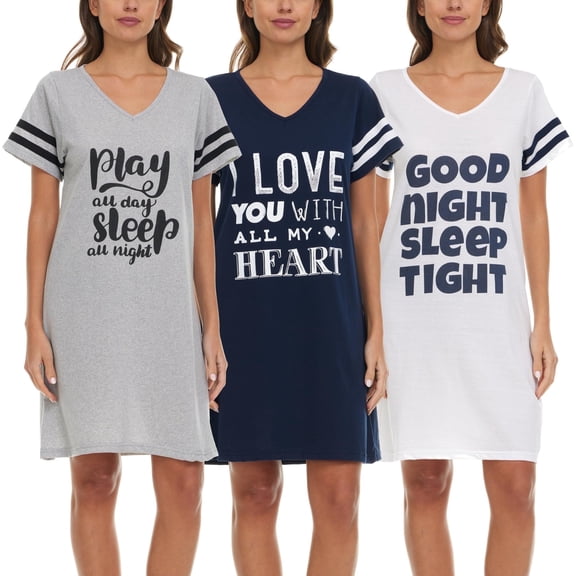 Lati Fashion 3 Pack Womens Nightgowns Soft Cotton Sleepwear Short Sleeve Nightshirts Comfy Pajama Dresses Ladies Loungewear Sleep Shirts Size S-3X
