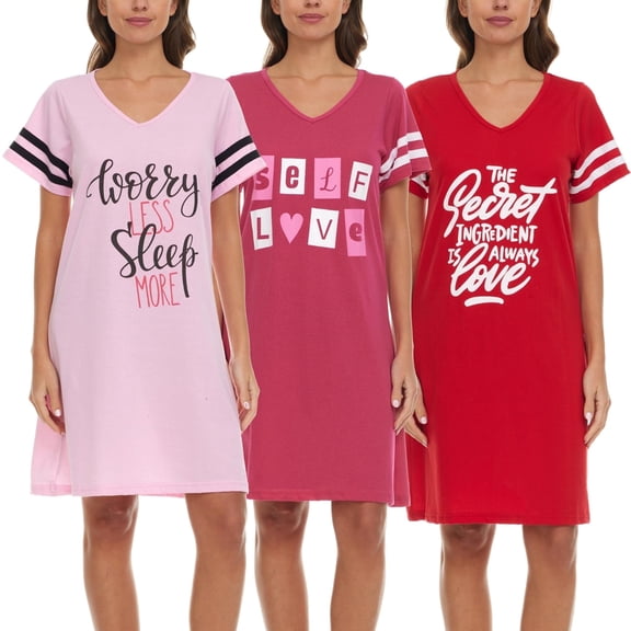 Lati Fashion 3 Pack Womens Nightgowns Soft Cotton Sleepwear Short Sleeve Nightshirts Comfy Pajama Dresses Ladies Loungewear Sleep Shirts Size S-3X