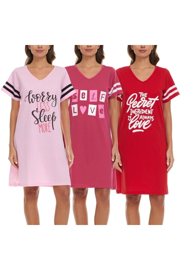 Lati Fashion 3 Pack Womens Nightgowns Soft Cotton Sleepwear Short Sleeve Nightshirts Comfy Pajama Dresses Ladies Loungewear Sleep Shirts Size S-3X