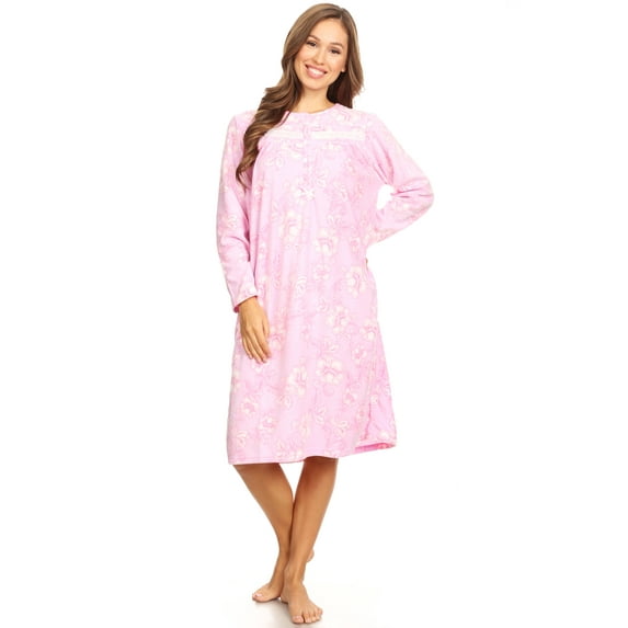 Lati Fashion Fleece Women Nightgown Sleepwear Pajamas Female Long Sleeve Sleep Dress Nightshirt Pink L