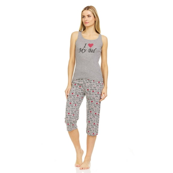 Lati Fashion Women Capri Pajamas set 100% Cotton Sleeveless Female Pajamas Set Gray Size Large
