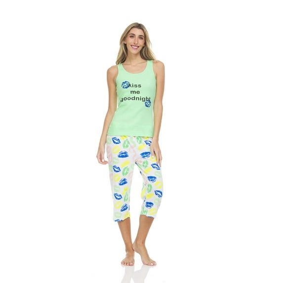 Lati Fashion Women Capri Pajamas set 100% Cotton Sleeveless Female Pajamas Set Green Size Large