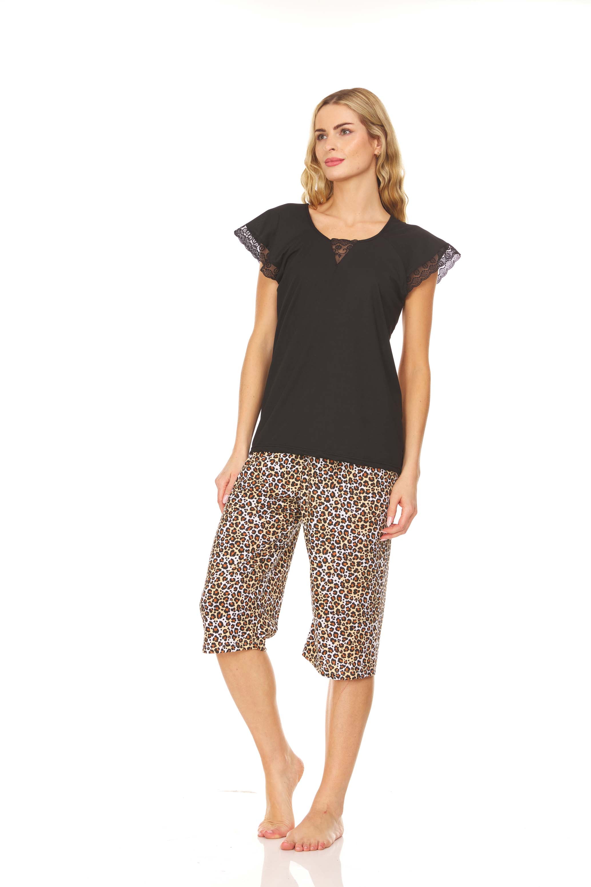 Lati Fashion Women Capri and Short Sleeve Top 2-Piece Female Pajamas Set  Black L 
