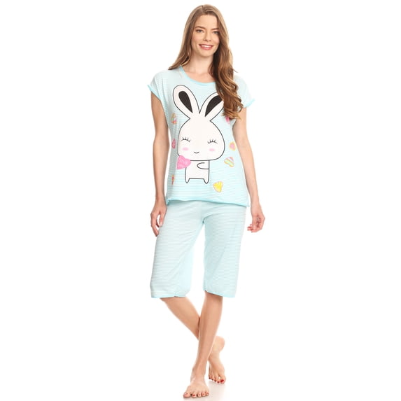 Lati Fashion Women Capri and Short Sleeve Top 2-Piece Female Pajamas Set Blue L