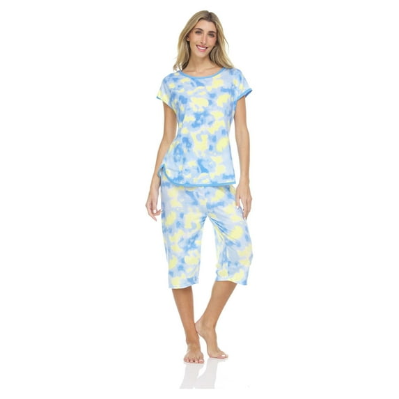 Lati Fashion Women Capri and Short Sleeve Top 2-Piece Female Pajamas Set Blue L