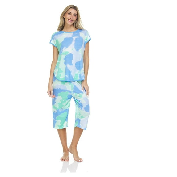 Lati Fashion Women Capri and Short Sleeve Top 2-Piece Female Pajamas Set Blue L