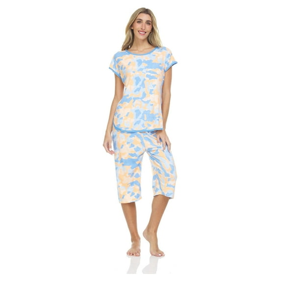 Lati Fashion Women Capri and Short Sleeve Top 2-Piece Female Pajamas Set Blue M