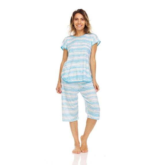 Lati Fashion Women Capri and Short Sleeve Top 2-Piece Female Pajamas Set Blue M