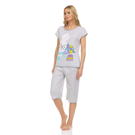 Lati Fashion Women Capri and Short Sleeve Top 2-Piece Female Pajamas Set Gray XL