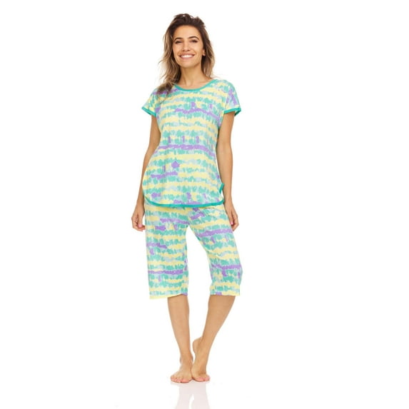 Lati Fashion Women Capri and Short Sleeve Top 2-Piece Female Pajamas Set Green M