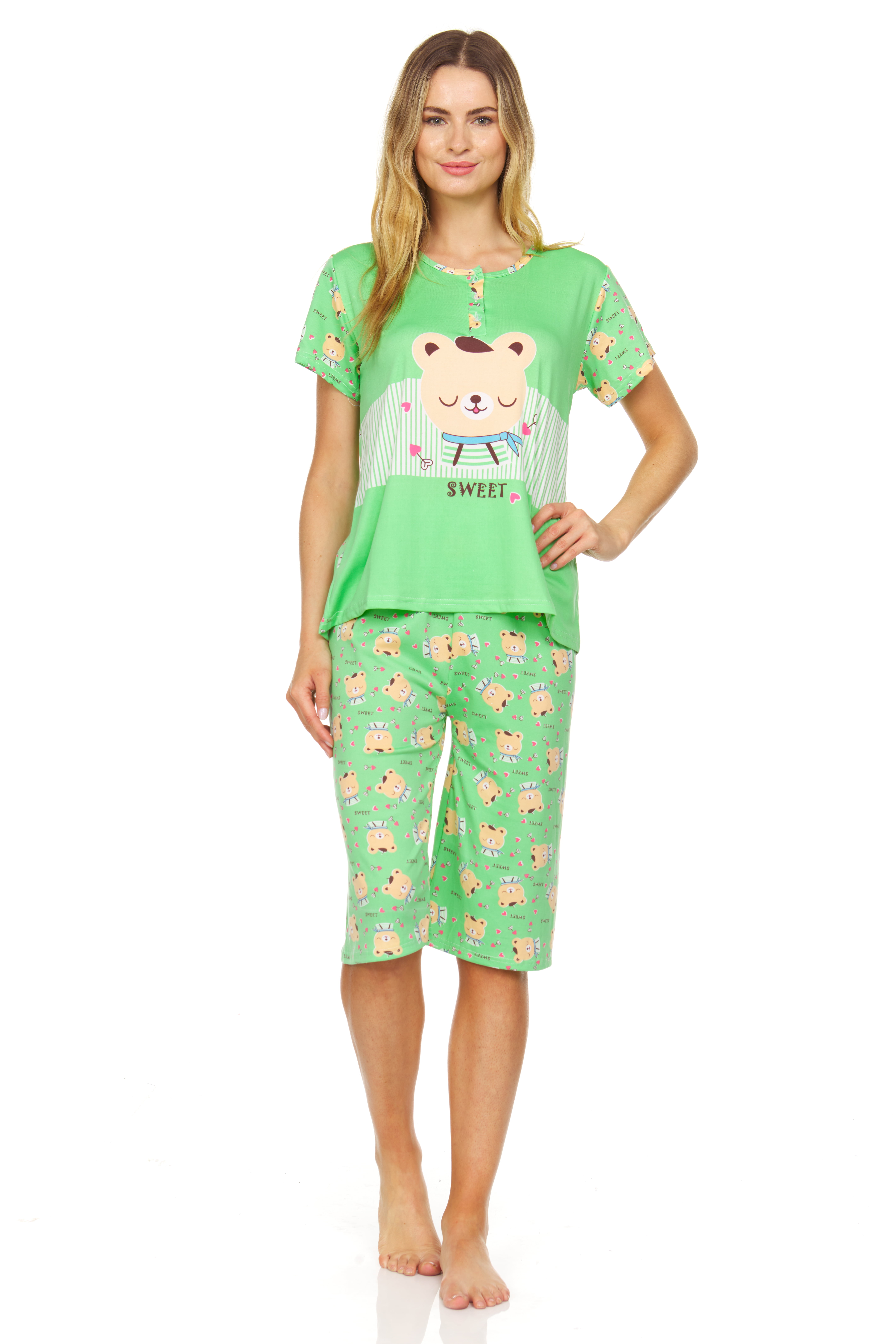 Lati Fashion Women Capri and Short Sleeve Top 2Piece Female Pajamas