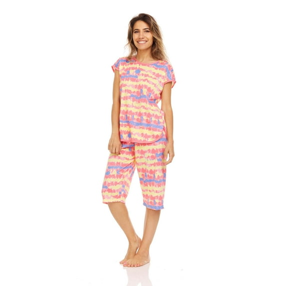 Lati Fashion Women Capri and Short Sleeve Top 2-Piece Female Pajamas Set Peach M