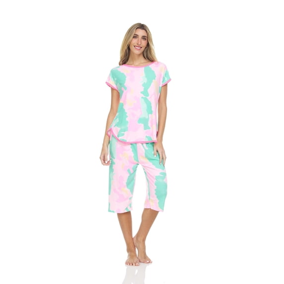 Lati Fashion Women Capri and Short Sleeve Top 2-Piece Female Pajamas Set Pink L