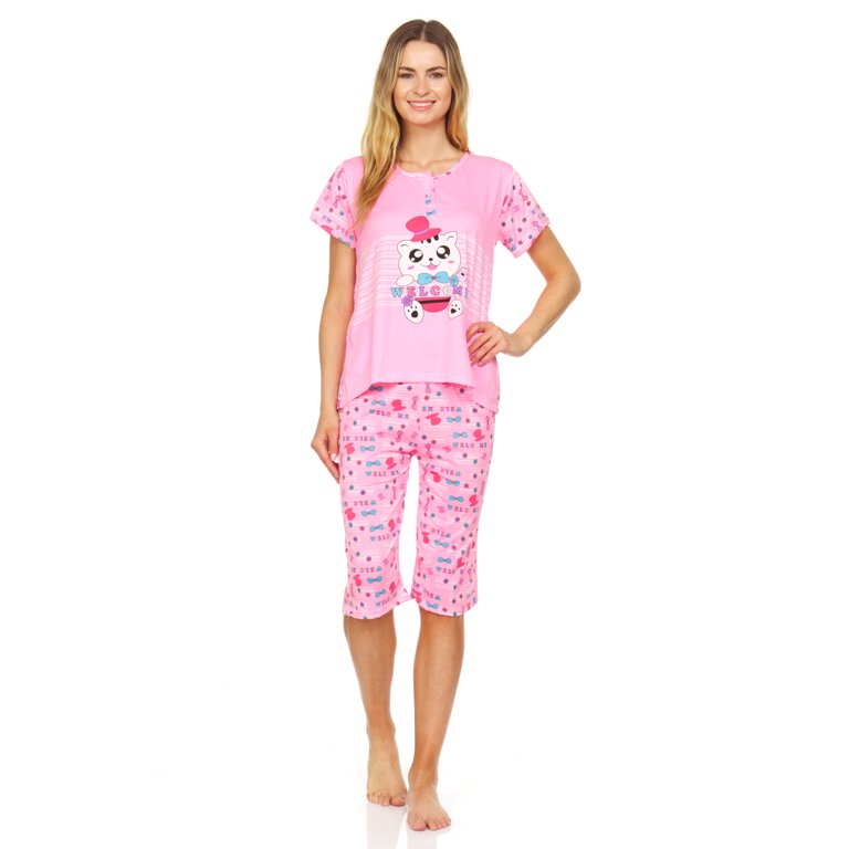 Lati Fashion Women Capri and Short Sleeve Top 2-Piece Female Pajamas Set  Pink L - Walmart.com