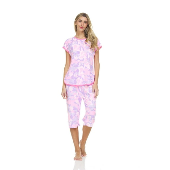 Lati Fashion Women Capri and Short Sleeve Top 2-Piece Female Pajamas Set Pink M