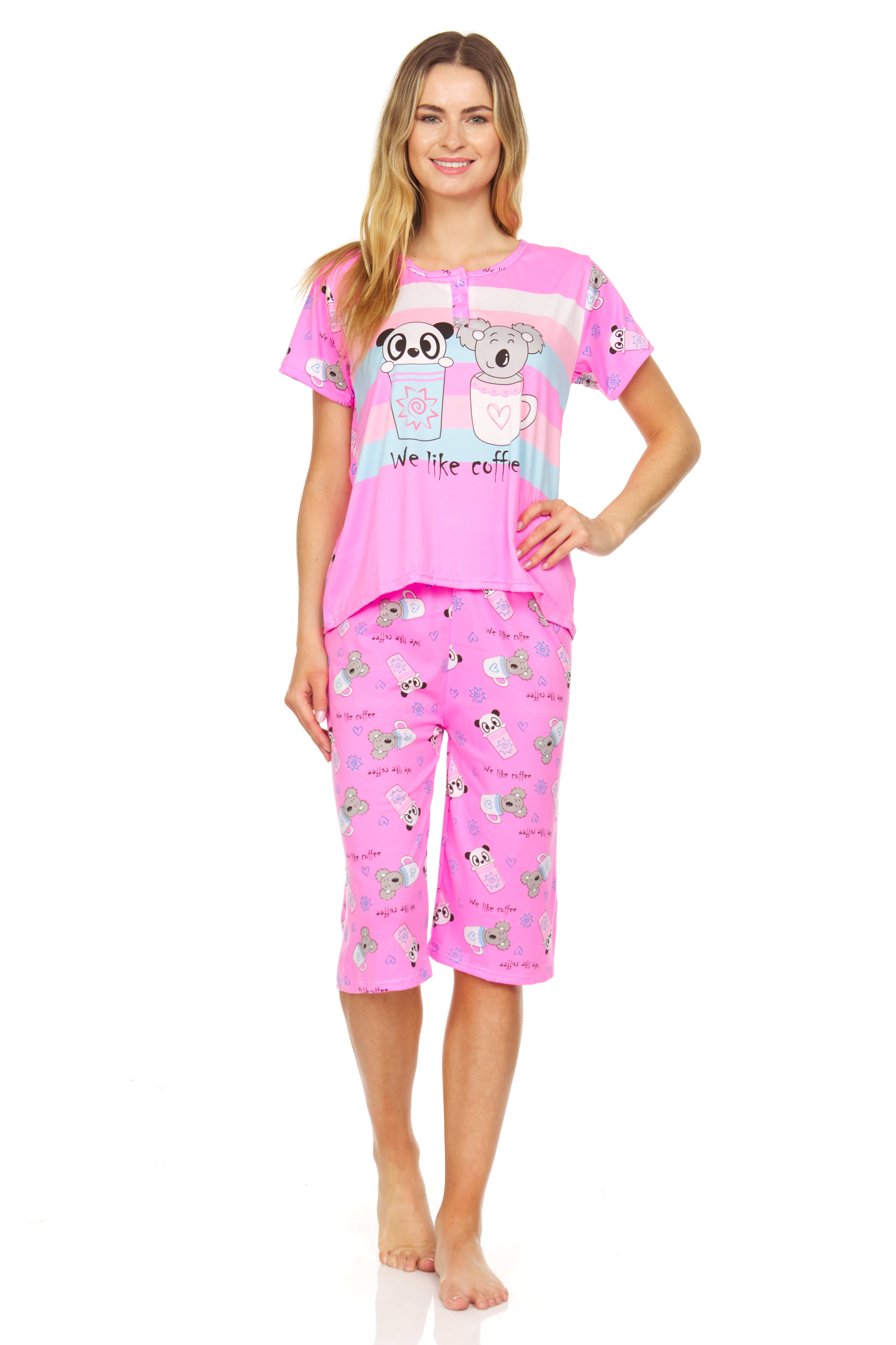 Lati Fashion Women Capri and Short Sleeve Top 2-Piece Female Pajamas Set  Pink XL