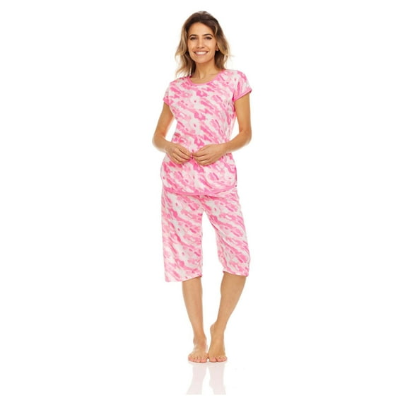 Lati Fashion Women Capri and Short Sleeve Top 2-Piece Female Pajamas Set Pink M