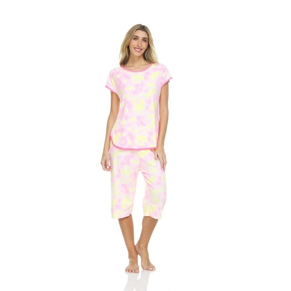 Lati Fashion Women Capri and Short Sleeve Top 2-Piece Female Pajamas Set Pink M