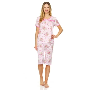 Lati Fashion Women Capri and Short Sleeve Top 2-Piece Female Pajamas Set Pink M