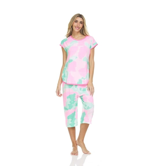 Lati Fashion Women Capri and Short Sleeve Top 2-Piece Female Pajamas Set Pink XL