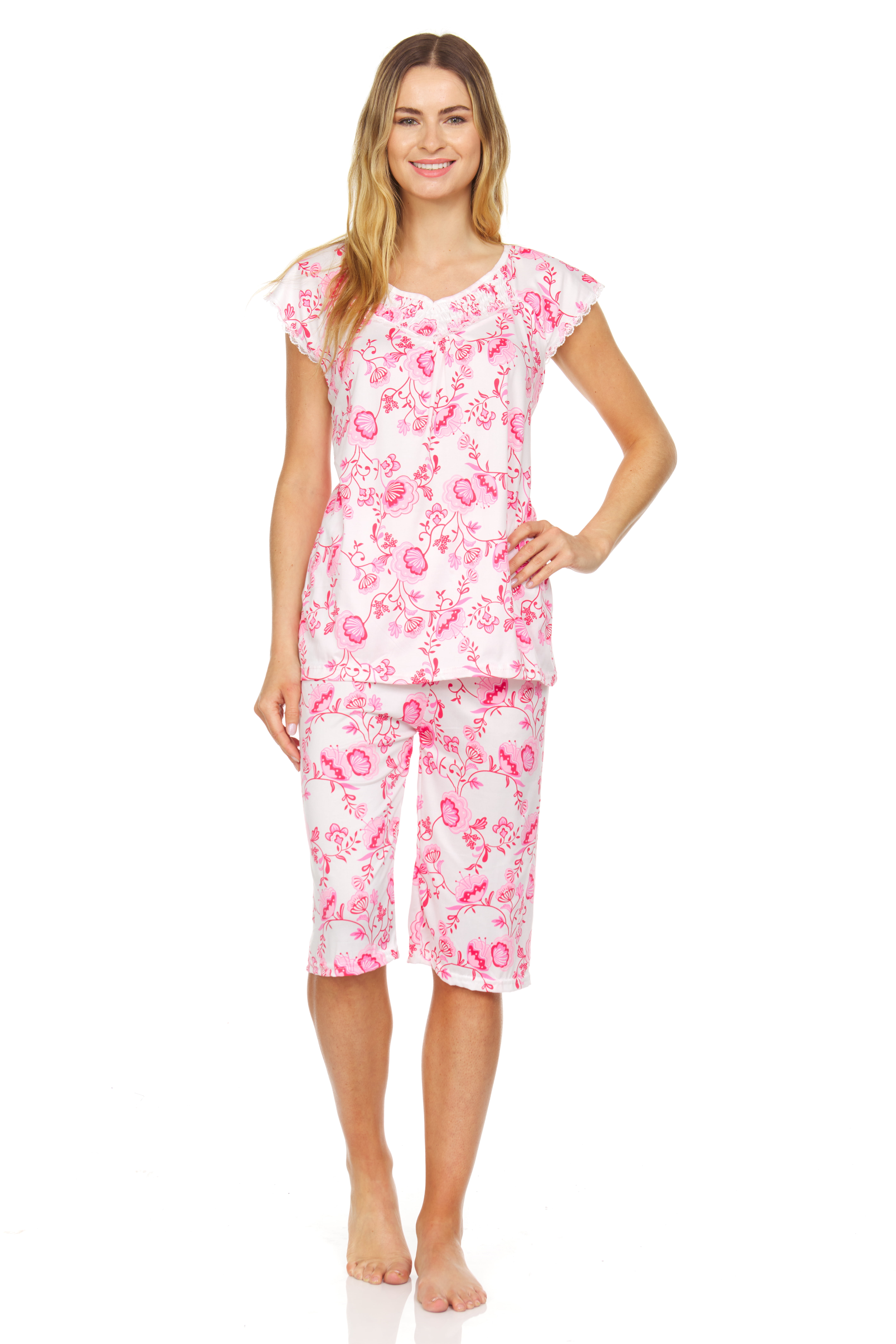 Lati Fashion Women Capri and Short Sleeve Top 2-Piece Female Pajamas Set  Pink XXL