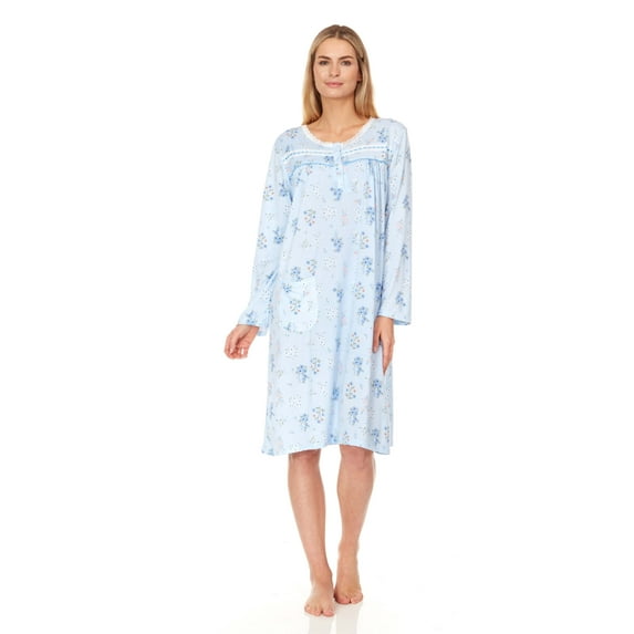 Lati Fashion Women Nightgown Sleepwear Pajamas Female Long Sleeve Sleep Dress Nightshirt Blue M